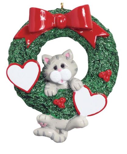 Grey Cat In Wreath Personalized Ornament