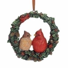 Cardinal Pair Ornament in Wreath