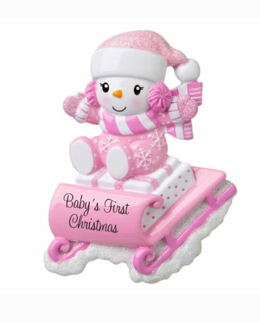 Snowbaby On Sled (Pink) Personalized Christmas Ornament
