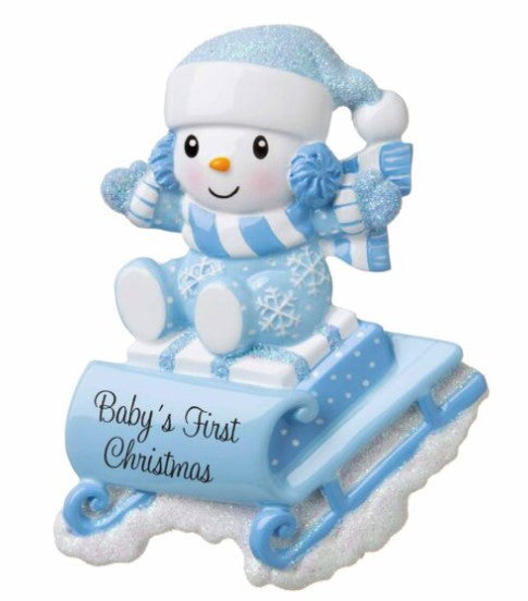 Snowbaby On Sled (Blue) Personalized Christmas Ornament