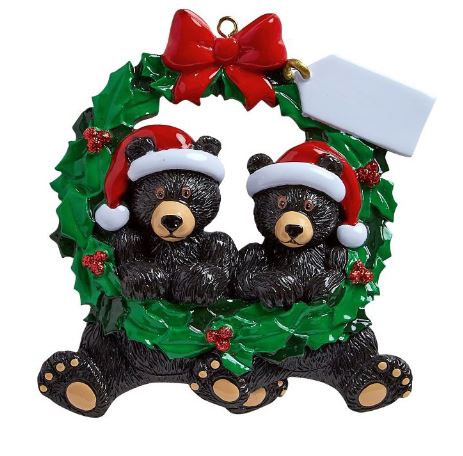 Black Bears Couple in Wreath Personalized Ornament