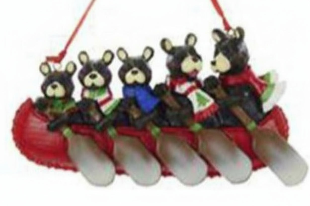 Bears in Canoe  Family of 5 Personalized Ornament