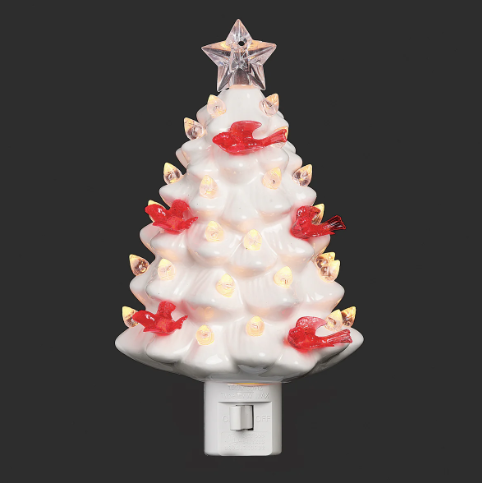 Vintage White Christmas Tree with Cardinals – Plug-In Night Light
