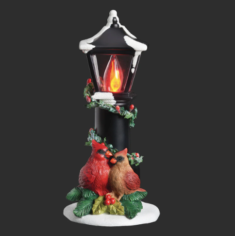 Cardinals Nestled Under a Flickering Flame Lamp Post Plug-In Night Light