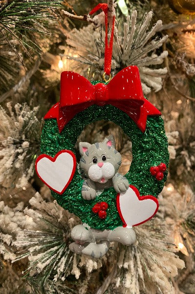 Grey Cat In Wreath Personalized Ornament