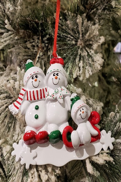 Snowman Sled Family of 3 Personalized Ornament