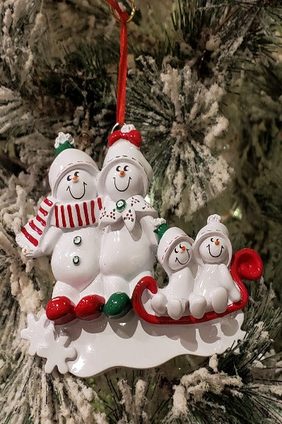 Snowman Sled Family of 4 Personalized Ornament
